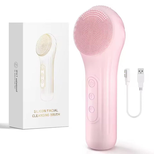 Silicone Face Scrubber Electric Facial Cleansing Brush with Heating Vibration Waterproof Face Wash Brush with 5 Speed Adjustable